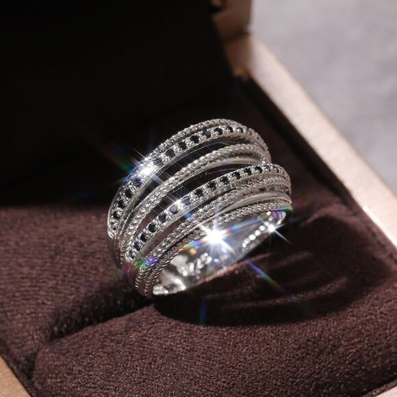 🔥Multi Layer Stacking Black Zircon Sterling Silver Plated Ring for Women, L037 - Picture 5 of 6